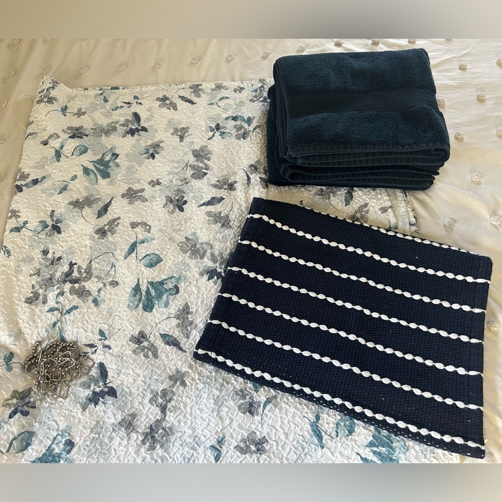 Navy & White Floral Bath Bundle: Shower Curtain, Towels & Math